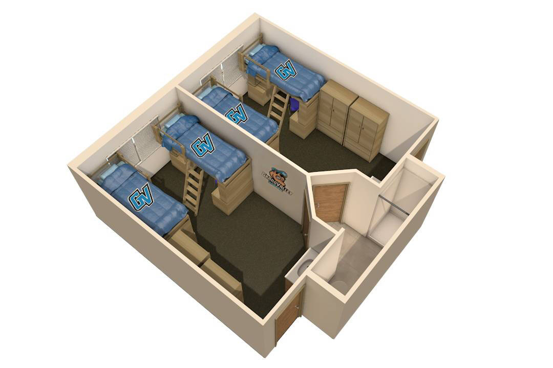 Suite Style Floor Plan with two bedrooms, each with two beds, and a conjoined bathroom.
